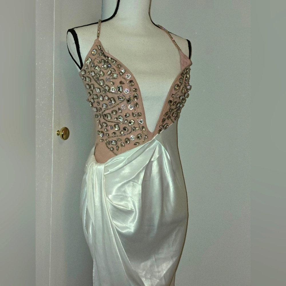 Akira asymmetrical rhinestone low v-cut neckline dress